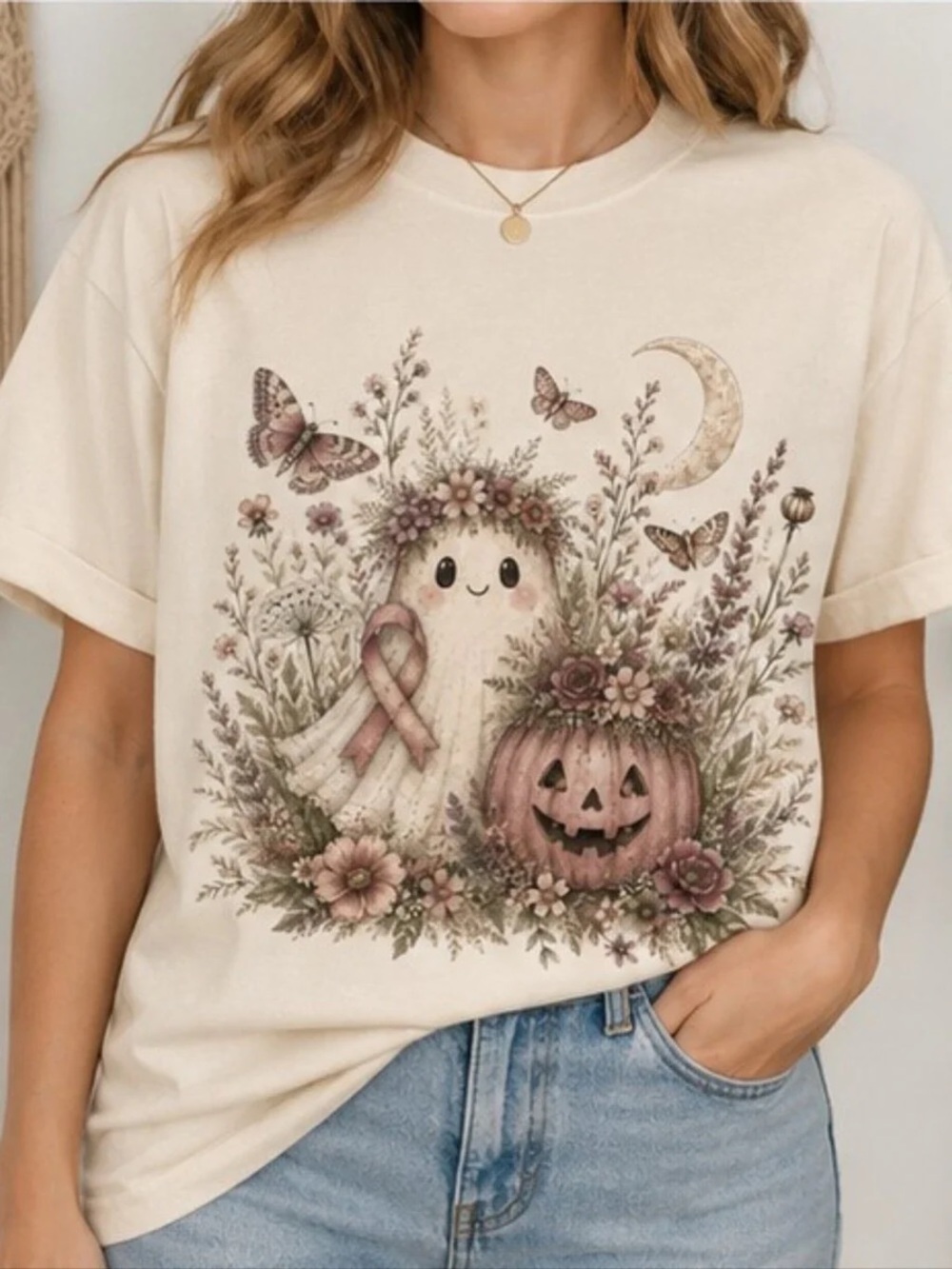 Off White Graphic Tee with Ghost, Pumpkin & Floral Motif